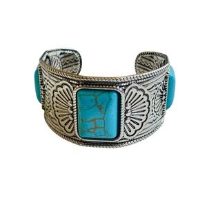 Cuff Bracelet silver western blue howlite stone chunky squash blossom Y2K detail